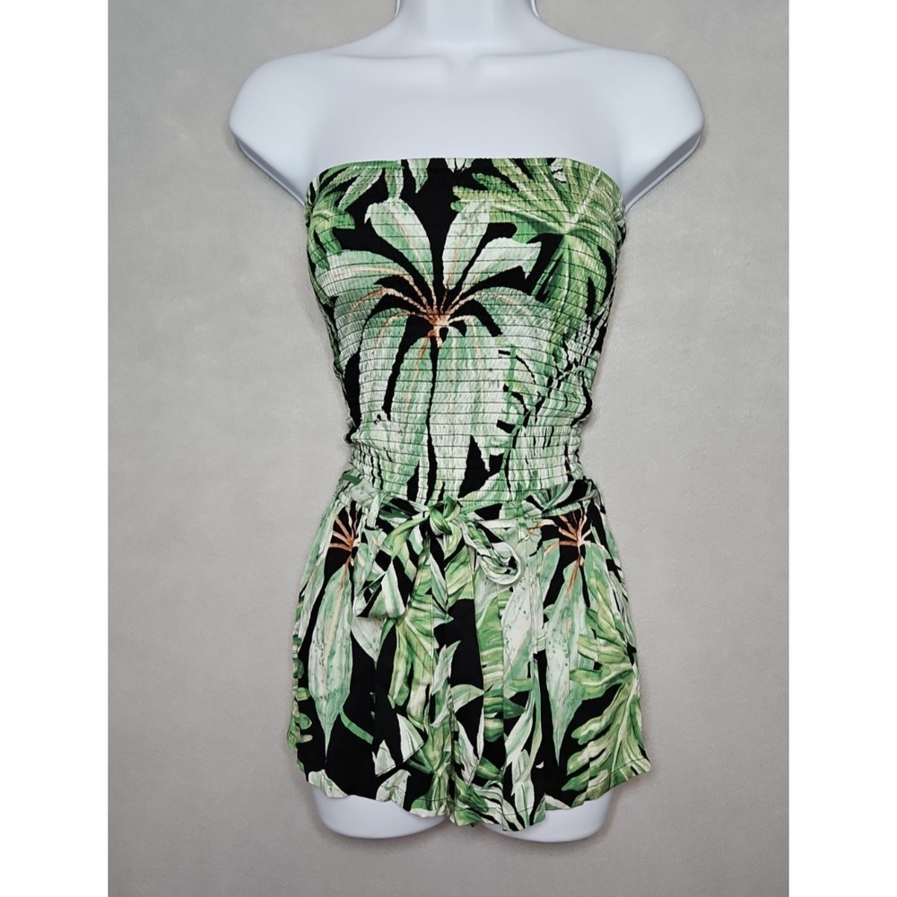 Chaser Womens Tropical Palm Print Smocked‎ Strapless Romper Size Small NWT